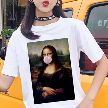 Mānīšanās Mona Lisa Bubble Gum Iespiests T-krekls Vasaras Sieviešu Modes Streetwear Harajuku Īsām piedurknēm Baltā T, Sieviešu Topi, t-veida