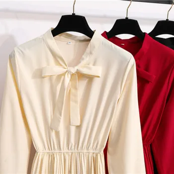 NIJIUDING Kleita Sievietēm 2020 Rudens Ziemas Jauno Cieto Izlīdzināšanu Šifona Piedurknēm Augsta Vidukļa Loku Apkakles Vintage-Line Kleitas Sieviete