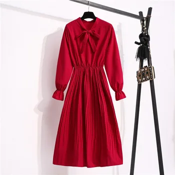 NIJIUDING Kleita Sievietēm 2020 Rudens Ziemas Jauno Cieto Izlīdzināšanu Šifona Piedurknēm Augsta Vidukļa Loku Apkakles Vintage-Line Kleitas Sieviete