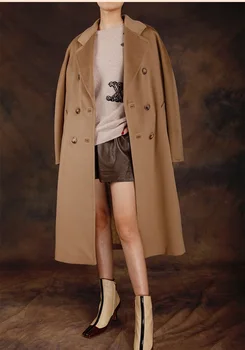 Obrix Kašmira Kamieļu Vilnas Moderns Augstas Kvalitātes Ikdienas Stila Sieviešu Dubultā Krūtīm, V-Veida Kakla Streetwear Mētelis Sievietēm