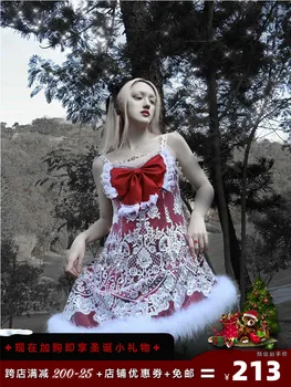 Oriģinālā Ziemassvētku Sarkanā Gothic gaismas lolita Slip Kleita Baltā Matains Malas Embrodery Mežģīnes Lielo Loku Ziemas Seksīgu Meiteni, Spageti Kleita