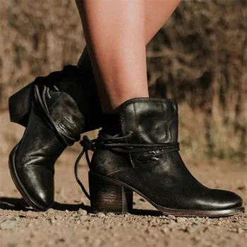 Panku stils cross-neizšķirts pu ādas potītes zābaki sieviešu motociklu zābaki chunky papēži ikdienas apavi apaļu purngalu Īsās sieviešu boot