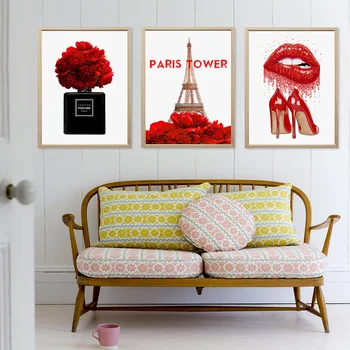 Parīzes modes Smaržas Sarkanu Lūpu Ziedu decoracion hogar moderno sienas mākslas audekla glezna Attēlus Dzīvojamā Istaba Dekori bez rāmīša