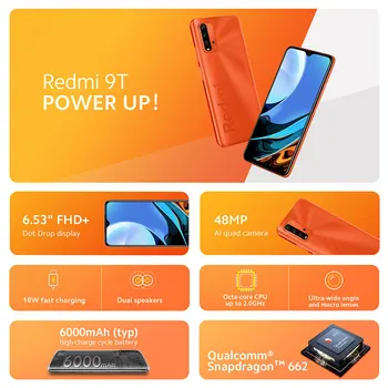 Pasaules Pirmizrāde Globālo Versiju Xiaomi Redmi 9T 4GB 64GB /4GB 128GB Viedtālrunis Snapdragon 662 48MP Atpakaļskata Kamera 6000mAh Nav NFC
