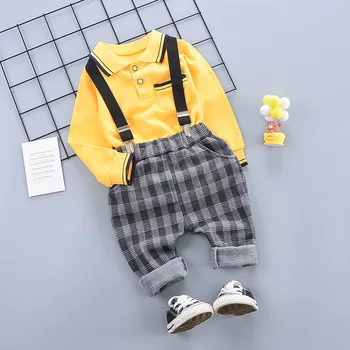 Pavasara Bērnu Drēbes Uzvalku Puika Meitenes Gadījuma T-Krekls Režģi (Dungriņi) 2gab/komplekti Toddler Kokvilnas Apģērbu Zīdaiņiem Treniņtērpi