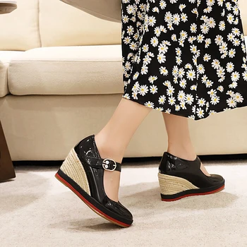 Pavasara Rudens Jaunas kurpes sieviešu ķīļi platforma, Jauktu krāsu Sūkņi Sieviete Mary Jane Augstiem Papēžiem Dāmas chsussures Zapatos Mujer De