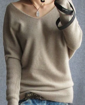 Pavasara rudens kašmira džemperi sieviešu modes sexy v-veida kakla džemperis zaudēt vilnas plats plus lieluma piedurknēm topi trikotāžas