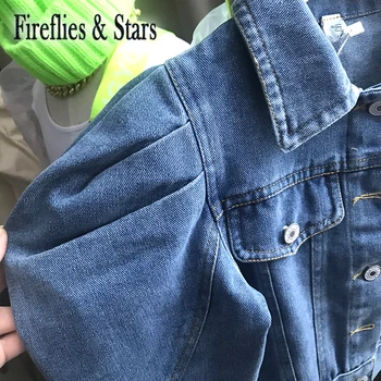 Pavasara Rudens meiteņu džinsa jaka bērnu mētelis bērniem outwear bērniem streetwear modes kroku puff piedurknēm kabatas plāksteris 3 līdz 12 gadiem