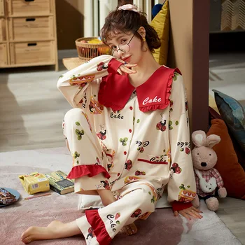 Pavasara Rudens Pleds Kokvilnas Pidžamas Princese Garām Piedurknēm Plus Size Jaciņa Mājās Pakalpojumu Meitene Divdaļīga Naktsveļu Sleepwear Komplekts