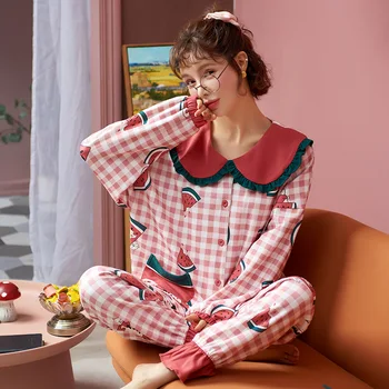 Pavasara Rudens Pleds Kokvilnas Pidžamas Princese Garām Piedurknēm Plus Size Jaciņa Mājās Pakalpojumu Meitene Divdaļīga Naktsveļu Sleepwear Komplekts