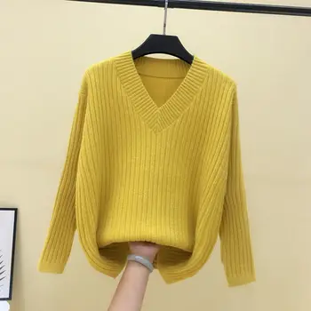 PEONFLY Plus Lieluma Jaunu 2020. Gadam Pavasara Sieviešu Džemperis Modes korejiešu Stilā V Kakla tīrtoņa Krāsu Topi ar garām Piedurknēm Ikdienas Džemperis Dāmas