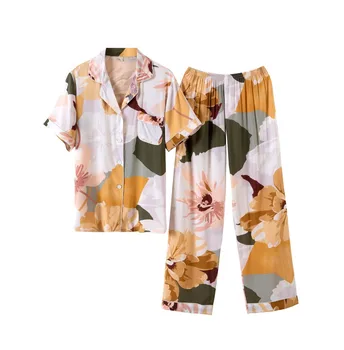 Pidžamas Dāmām Īsām piedurknēm Garās Bikses, Kokvilnas V-veida kakla Mājas Tērps Sieviete Guļ-Drēbes ar Pogu Jaka Pidžamas Komplekti