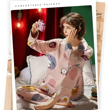 Pidžamas Sieviete Ziemas divdaļīga Mājas Tērps ar garām Piedurknēm Viskozes, Kokvilnas Bikses Pidžamas Meitenēm Kokvilnas Pijamas Uzvalks Miega Topi + Elsas