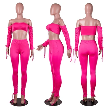 Pie Pleca Sexy Divas Gabals, kas Sieviešu Apģērbu Aukliņu Kultūraugu Top Kaudzē Bikses Komplekts Slim Bodycon 2 Gabals Klubu Tērpi Sievietēm