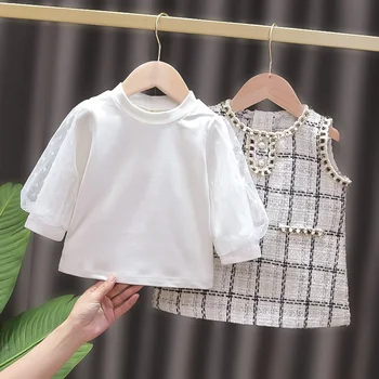 Pleds Izšuvumi Baby Meitenes Apģērbu Komplekts Pearl Apdares T-krekls + Veste Princess Puse Bērnu Komplekts Audums
