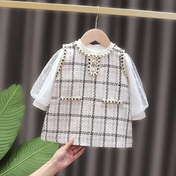 Pleds Izšuvumi Baby Meitenes Apģērbu Komplekts Pearl Apdares T-krekls + Veste Princess Puse Bērnu Komplekts Audums