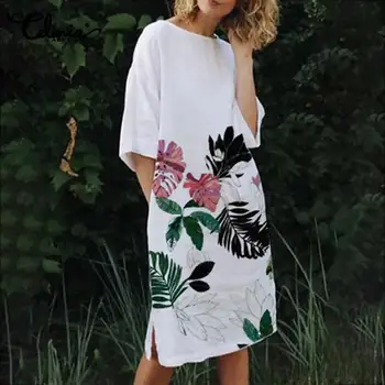 Plus Izmēra 5XL Vintage Floral Print Kleita Celmia Sieviešu Vasaras Sundress Modes 3/4 Piedurknēm Gadījuma Zaudēt Bohēmijas Beach Vestidos
