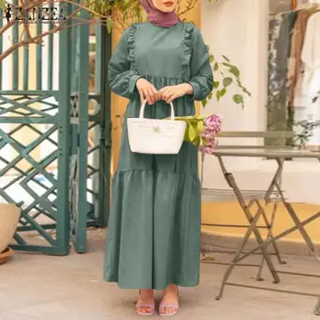 Plus Lieluma ZANZEA Musulmaņu Kleita Sievietēm ar garām Piedurknēm Rudens Ražas Sundress Gadījuma Cietā Ruffles Puse Vestidos Drēbes Femme Hijab
