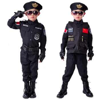 Policisti Kostīmi Zēniem Speciālās Policijas Vienotu Bērnu Dienas Dāvanu Armijas garām Piedurknēm Mētelis+Bikses+Josta+Cimdi+Cepure Cosplay Apģērbi