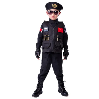 Policisti Kostīmi Zēniem Speciālās Policijas Vienotu Bērnu Dienas Dāvanu Armijas garām Piedurknēm Mētelis+Bikses+Josta+Cimdi+Cepure Cosplay Apģērbi