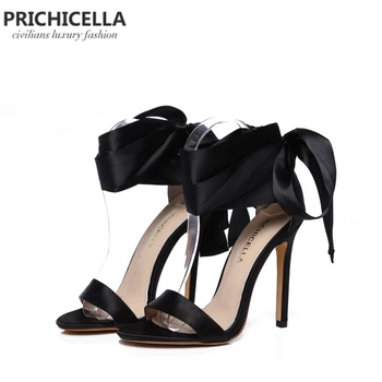PRICHICELLA Modes melna satīna mežģīnes-up potītes wrap augsta papēža kleitu kurpes īstas ādas vasaras sūkņi