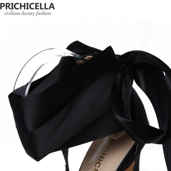 PRICHICELLA Modes melna satīna mežģīnes-up potītes wrap augsta papēža kleitu kurpes īstas ādas vasaras sūkņi