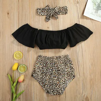 Pudcoco Jaundzimušais Meitene Drēbes vienkrāsainu Pie Pleca Crop Topi Leopards Drukāt Īsās Bikses Galvu 3Pcs Tērpiem Kokvilnas Komplekts