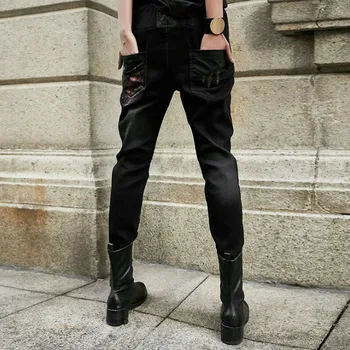 Punk Harēma Stila Džinsa Bikses Sievietēm black Atdzist Krāsotas Acs Kabatas Rāvējslēdzēju Džinsa Zīmuli Bikses Bikses meitene lady Rock džinsi