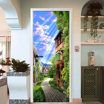PVC Pašlīmējošas Ūdensizturīgs Durvju Uzlīmes, 3D Pilsētas Ielu Tapetes Dzīvojamā Istaba Virtuves Sienas Uzlīmes Vinila Durvis, Sienas Mājās Plakāts