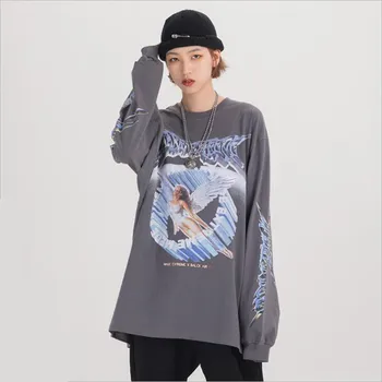 Pārdošanas Vīriešiem Hip Hop T Krekls Lielajam Streetwear Retro Eņģelis Drukāt Harajuku T Brīvs HipHop T-krekls Kokvilnas Tops ar garām Piedurknēm Tees