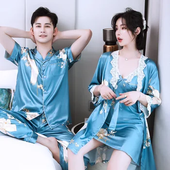 Pāris Kimono Pidžamu Vīriešiem Mākslīgās Zīda Vīriešiem ar Īsām Piedurknēm Topi, virsdrēbes bikses pidžamas komplekts Sleepwear Vīriešu un Sieviešu Tērpu Komplekti