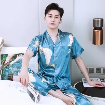 Pāris Kimono Pidžamu Vīriešiem Mākslīgās Zīda Vīriešiem ar Īsām Piedurknēm Topi, virsdrēbes bikses pidžamas komplekts Sleepwear Vīriešu un Sieviešu Tērpu Komplekti