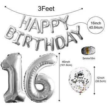 QIFU Happy Birthday Puse Rotājumi Pieaugušo Sweet 16 Party Rotājumi 16. Dzimšanas dienas svinības Piegādēm 16 Dzimšanas dienu Balonu Dekori