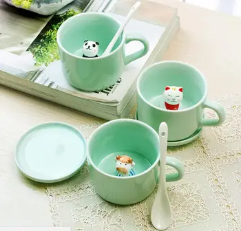 Radošā mazās keramikas piena krūze ar dzīvniekiem cute karikatūra trīs-dimensiju kafijas tasi karstumizturīga zaļpelēka krāsa kausa jauka dāvana