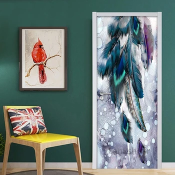Radošā Spalvu Pašlīmējošas Durvju Uzlīmes HD Drukāt Sienas Mākslas Ūdensizturīgs PVC Mūsdienu Modes Sienas Durvju Apdare, Mājas Dizains