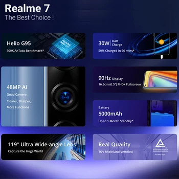 Realme 7 Globālo Versiju,NFC Viedtālrunis 48MP AI Quad Kameru, Mobilo Tālruni 5000mAh Bateriju 6.5