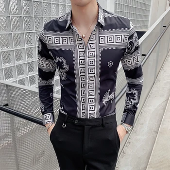 Retro Pūķis Drukāt Vīriešu Krekls Ar Garām Piedurknēm Krekli Modes Gadījuma Pieguļoša Kleita Krekli Nakts Klubs Personu Sociālās Streetwear Camisa