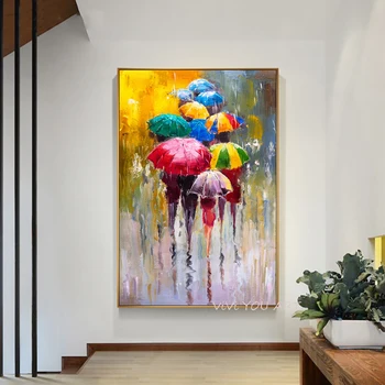 Roku Gleznots Eļļas Glezna Anotācija Cilvēki Lietū Ar Krāsainiem Lietussargiem Uz Audekla Kāzu rotājums Dzīvojamā Istaba