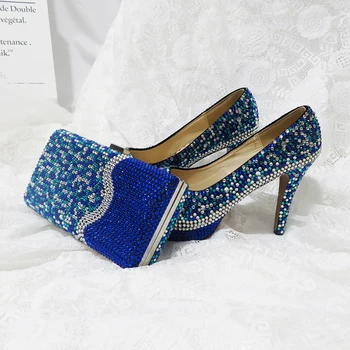 Royal Blue Multicolor Kristāla kāzu kurpes ar Macthing somas Dāmas Modes kurpes un soma, noteikt Augstas platformas kurpes sieviete