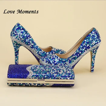 Royal Blue Multicolor Kristāla kāzu kurpes ar Macthing somas Dāmas Modes kurpes un soma, noteikt Augstas platformas kurpes sieviete