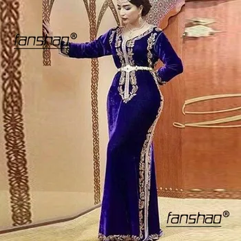 Royal Blue Musulmaņu Ilgi Vakara Kleita Zelta Lāce Nāriņa Dubaija Marokas Kaftan Kleita ar garām Piedurknēm Formālu kleita Vakara Puse kleita