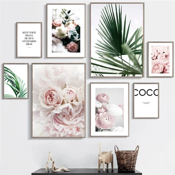 Rozā Rožu Ziedēšanas Plakātu Palmu Lapu Quote Minimālisma Ziemeļu Sienas Art Pictures Druka Kanvas Glezna Dzīves Telpu Dekorēšana