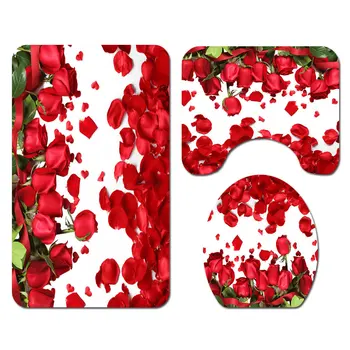 Rožu Ziedlapiņu Dušas Aizkars Tualetes Vāka Grīdas Paklājs Vannas Sadzīves neslīdošs Paklājs Kāju Spilventiņu Komplekts Romantiska Dekori Paklāji Doormat