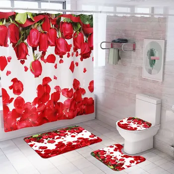 Rožu Ziedlapiņu Dušas Aizkars Tualetes Vāka Grīdas Paklājs Vannas Sadzīves neslīdošs Paklājs Kāju Spilventiņu Komplekts Romantiska Dekori Paklāji Doormat
