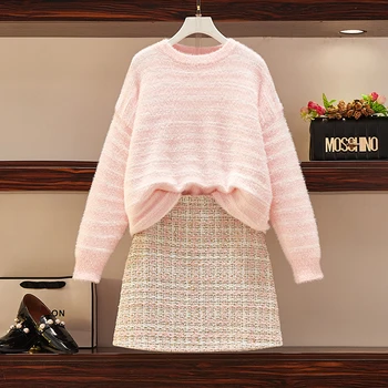 Rudens apģērbs jaunu ilgtermiņa piedurknēm twinset brīvs džemperis džemperis adīt tīkla svārki sieviešu trikotāžas apģērbs silts vogue salda stila uzvalks