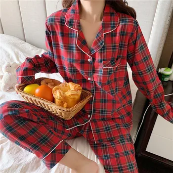 Rudens ikdienas mājas komplekts sieviešu pidžamas komplekts kabatas pleds sleepwear 2 gabals, kas atloks apkakli krekli, bikses lounge valkāt homewear Y141