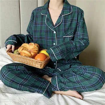 Rudens ikdienas mājas komplekts sieviešu pidžamas komplekts kabatas pleds sleepwear 2 gabals, kas atloks apkakli krekli, bikses lounge valkāt homewear Y141