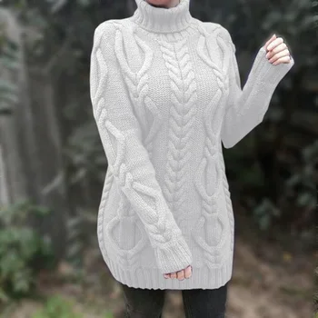 Rudens un ziemas sabiezējumu atloks retro biezu diegu savijumu vidēja garuma vienkrāsainu džemperi ilgi top mētelis, džemperis sievietēm