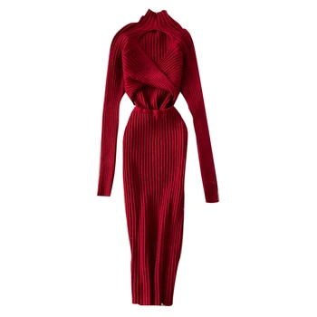 Rudens Un Ziemas Sarkana Vintage Sieviešu Trikotāžas Kleita korejas Apģērbs Elegants tīrtoņa Krāsu Backless Sexy Bodycon Kleita Ir 2021. Sieviete