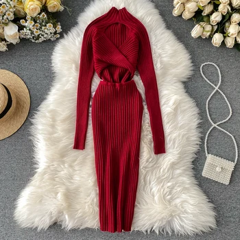 Rudens Un Ziemas Sarkana Vintage Sieviešu Trikotāžas Kleita korejas Apģērbs Elegants tīrtoņa Krāsu Backless Sexy Bodycon Kleita Ir 2021. Sieviete